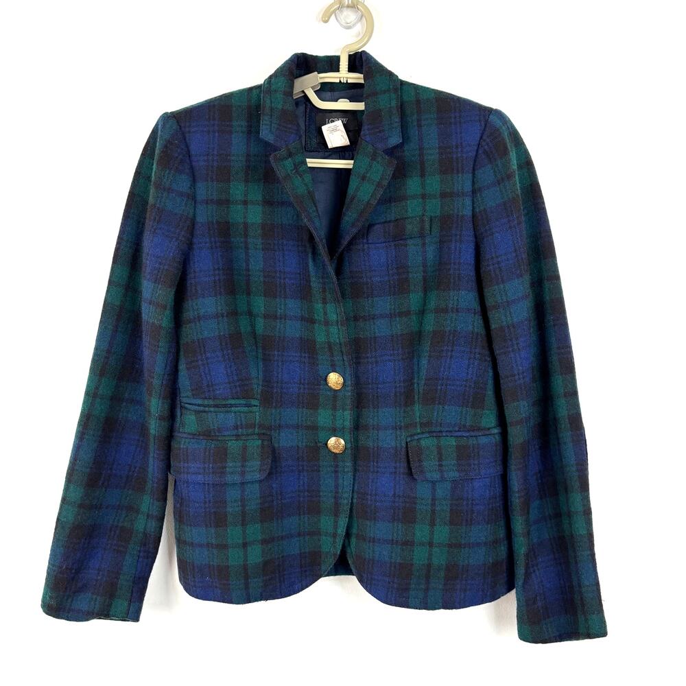 J.Crew Schoolboy Blazer Black Watch Plaid Elbow Patch 100% Wool size 0 preppy